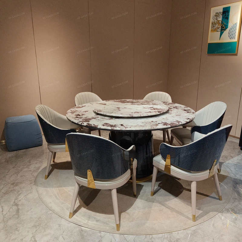 High-Gloss Lacquered Wood Veneer Round Dining Table with Rotating Tray and Fluted Pedesta